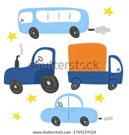Cartoon transport set. ars and truck, bus and concrete mixer chidish collection of hand dawn vehicle. Nursery art design, for printing on baby clothes and textiles, home decor, vector illustration