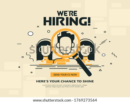 We are Hiring Vector Background. Trendy Bold Black Typography. Job Vacancy Card Design. Join Our Team Minimalist Poster Template, Looking for Talents Advertising, Open Recruitment Creative Ad. Royalty-Free Stock Photo #1769273564