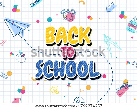 Back to school web banner, colorful kid backpack illustration. Student bag with class supplies and happy typography quote. EPS10 vector.