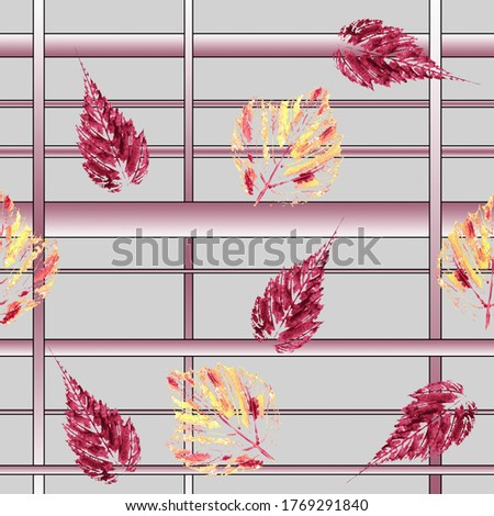 Seamless pattern checkered and red orange leaves watercolor