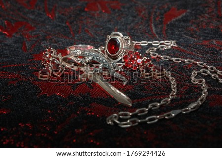 
Silver pendant in the shape of a sword on an anchor chain, silver set of earrings and rings with natural red garnet stone, pendant in the shape of a lizard with transparent zircon.
