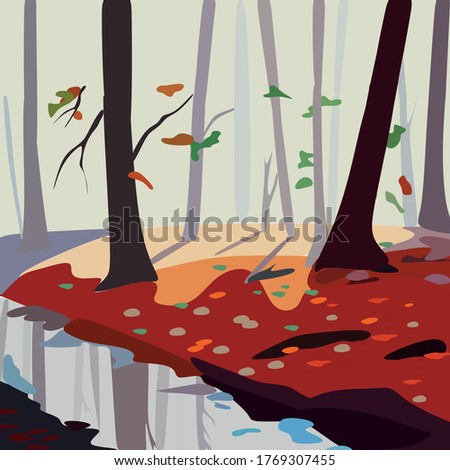 Panoramic rural landscape in autumn with a stream falling from trees in yellow foliage. Red, yellow and green leaves 