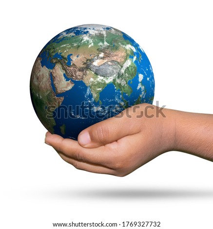 Kid holding a glode on isolated white background. Save earth concept.