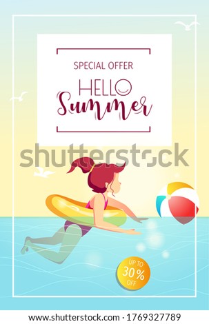 Flyer for summer sale with girl swimming in the sea inflatable ring and ball. Vector Illustration for special discount offer, advertising, commercial, promotion.