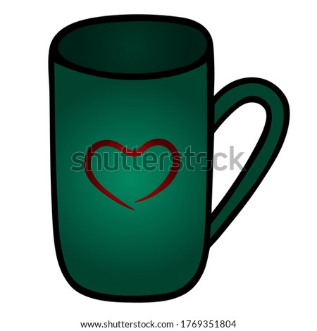 Mug with a heart. Dishes for a hot drink. A pause for a cup of tea. Vector illustration. Isolated background. Cartoon style. Love mug design. Idea for web design, menu. Valentine Day. Work online. 