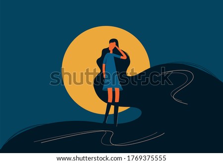 Girl with  beautiful long dark hair and full moon in background