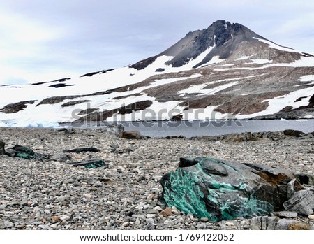 Antarctic stone landscape with green minerals and mountain, Antarctica Royalty-Free Stock Photo #1769422052