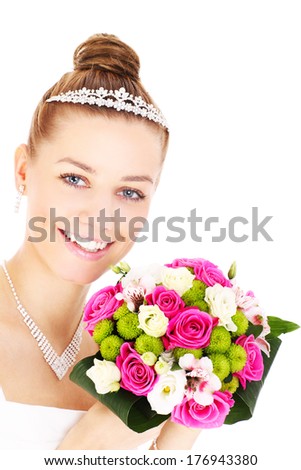 A picture of a happy ballerina dancing in a colorful skirt over white background
