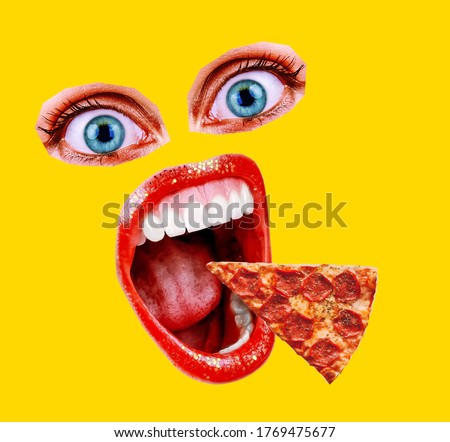 Pizza Art Collage. Eyes mouth pizza closeup. Collage of modern art paintings. Crazy mouth screaming for a pizza lover. Fashionable yellow color. Royalty-Free Stock Photo #1769475677