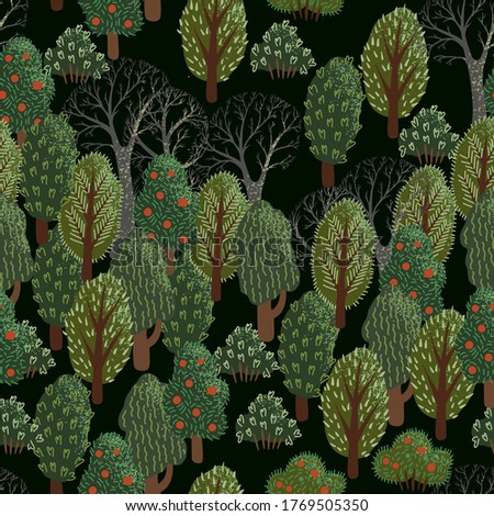 Seamless pattern, green forest with different trees. Red fruits on trees, deciduous shrubs, and just trees without leaves. There is a black background.