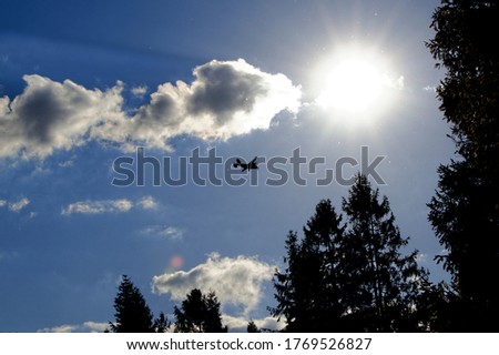 Airplane flying on the blue sky over forest