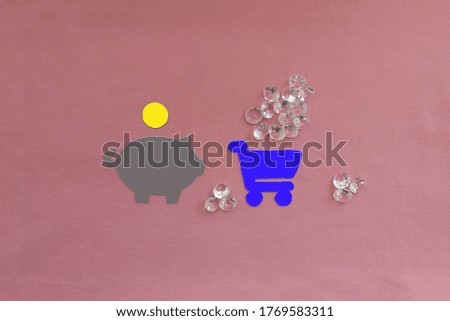 Piggy Bank, supermarket basket in blue, precious stones, diamonds on a pink background. Market of precious stones, jewelry business.