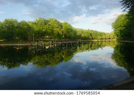 Montreal, QC / Canada - 7/3/2020: reflections of trees and clouds on lake water, La Fontaine Park. Summer, Spring, outdoors, hope, inspiration, thankfulness, joy, and happiness concepts. 