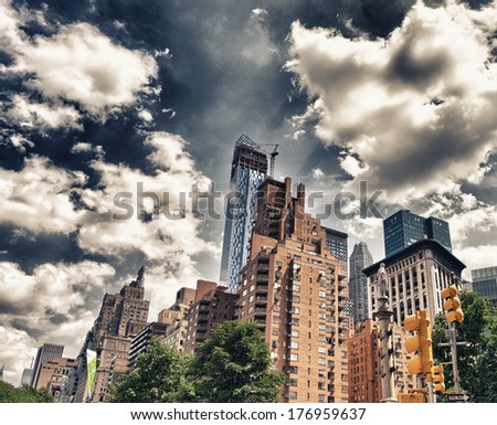 New York City. Beautiful upward view of Manhattan Skyscrapers as seen from street level.