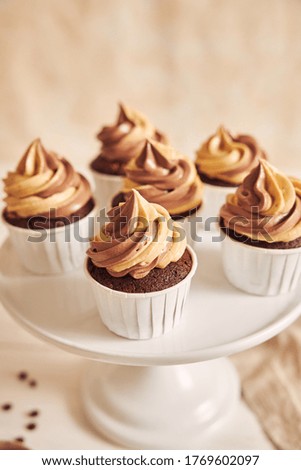 A vertical shallow focus closeup shot of delicious peanut butter cupcakes with creamy icing on a white plate