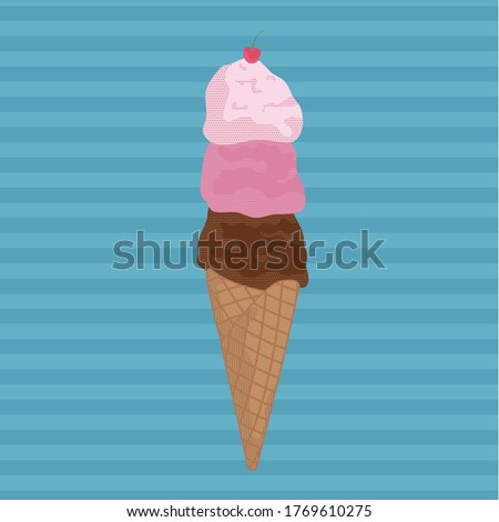 Triple Scoop Ice Cream Waffle Cone with a Cherry on Top - Vector Illustration of a Summertime Treat