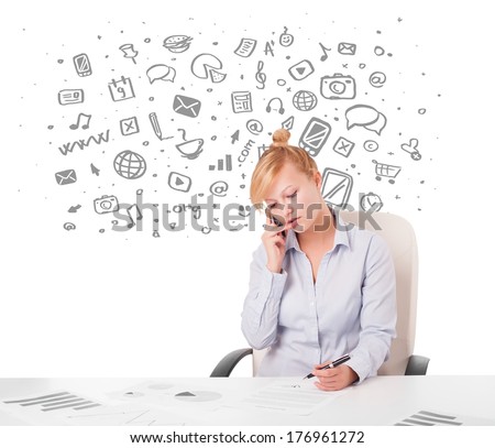 Beautiful young businesswoman with all kind of hand-drawn media icons in background