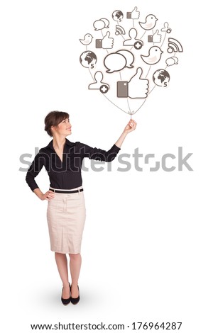 Happy young lady holding social icon balloon