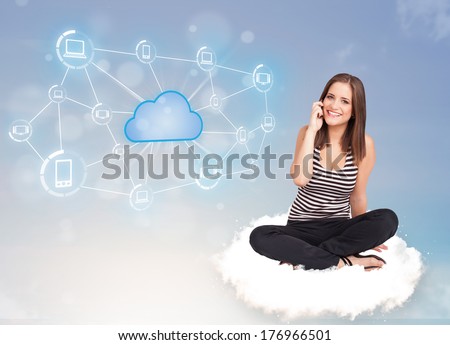 Happy young woman sitting on cloud with cloud computing