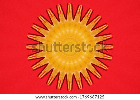 Stylized figure of yellow leaves in the shape of a flower on a red background. Kaleidoscope of 24 radial symmetry
