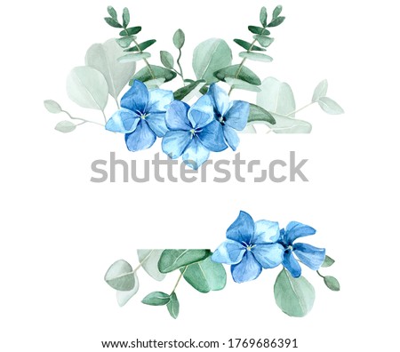 
watercolor drawing. Frame of eucalyptus leaves and blue hydrangea flowers. Design for weddings, cards, invitations, greetings. isolated on white background with place for text