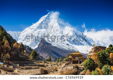 Himalayas mountain landscape. Mt. Manaslu in Himalayas, Nepal.  Royalty-Free Stock Photo #176969939