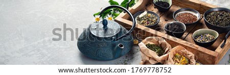 Various kinds of tea. Panorama, banner with copy space Royalty-Free Stock Photo #1769778752