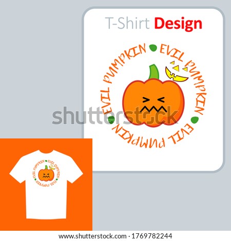 Drawing with a pumpkin for Halloween. Harvest festival. Positive pattern on the t-shirt. Vector illustration for web design or print.