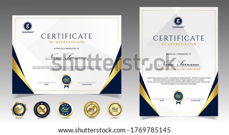 Certificate of appreciation template, gold and blue color. Clean modern certificate with gold badge. Certificate border template with luxury and modern line pattern. Diploma vector template Royalty-Free Stock Photo #1769785145