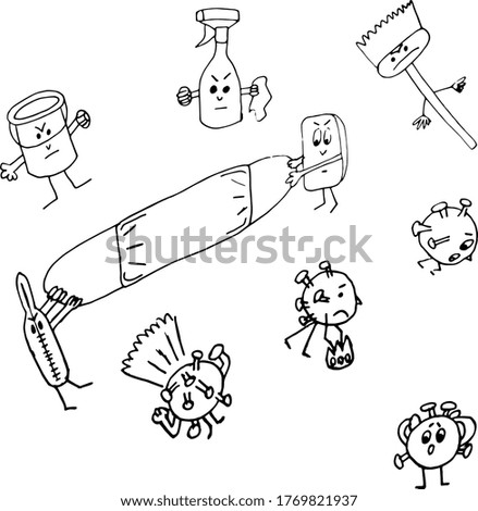 Sketch with funny characters in the form of coronavirus, buckets, thermometer, soap, brushes.