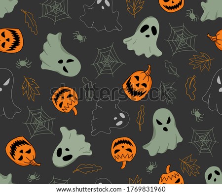 Halloween vector seamless pattern with ghosts, pumpkins, spiders and autumn leaves. Dark gray background.