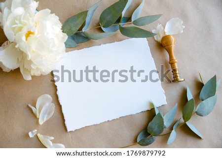 Wedding invitation mockup, wedding invitation template eucalyptus and white peonies invitation mockup, greeting card mockup with eucalyptus and peonies, jpg