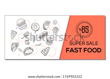 Hamburger, pizza, pepper, french fries, chicken fries, donut, cake, sandwich, cola. Fast food on the white background. 85% advertisement poster design for restaurant, blog, magazine.