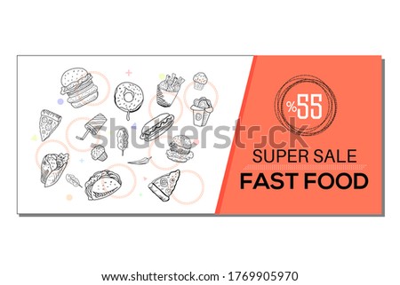 Hamburger, pizza, pepper, french fries, chicken fries, donut, cake, sandwich, cola. Fast food on the white background. 55% advertisement poster design for restaurant, blog, magazine.