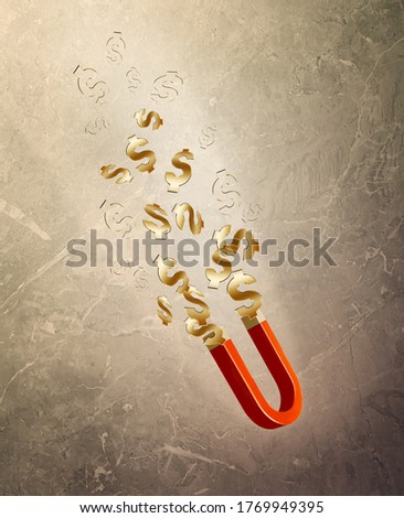 Red horseshoe magnet attracting golden dollar signs on white background