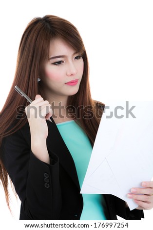 Business woman hold clipboard paper with finance chart isolated over white background