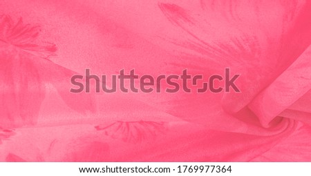 Background texture, red silk fabric with painted meadow flowers, cloth, typically produced by weaving or knitting textile fibers
