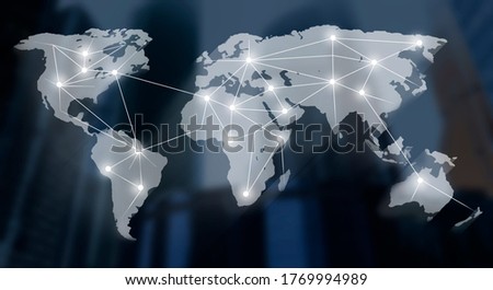 World map with international communication network, collage with blurred megapolis buildings on background. Panorama