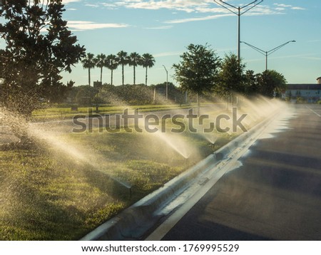 Jets of water from a long row of sprinklers luminous with evening sunlight along a grassy median in west central Florida, USA