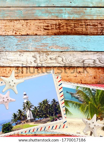 Vintage travel background with old wood planks texture, retro photos, postcard and starfish. Vertical vacation backdrop with wooden boards. Mock up template. Copy space for text