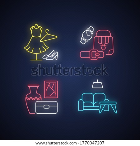 Shopping mall products neon light icons set. Online store categories. Female fashion boutique. Home furniture. Signs with outer glowing effect. Vector isolated RGB color illustrations