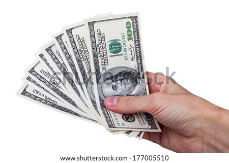 Man hand with 100 dollar bills isolated on a white background