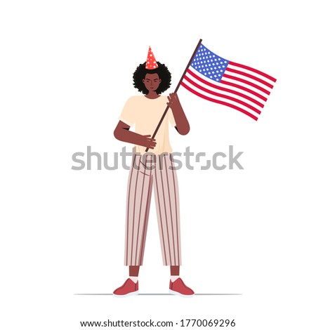 african american woman holding usa flag girl celebrating 4th of july independence day concept full length isolated vector illustration