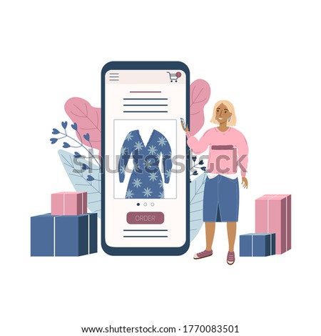 Online shopping concept illustration. Young woman shopping online. Woman buying goods in internet store. Colorful vector illustration in flat style. Sale, consumerism and people concept.
