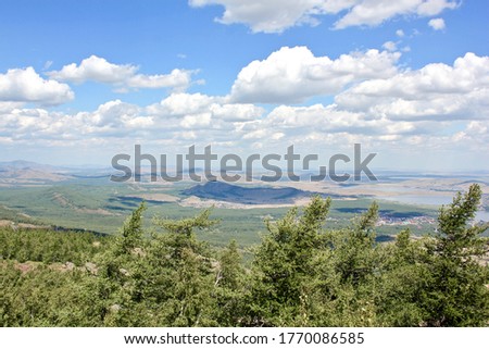 Pictured summer panoramic landscape with mountains and lakes. A tree with a mountain in the background