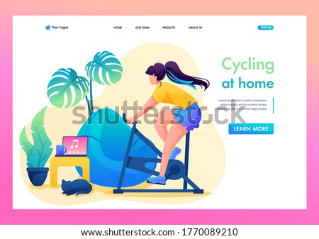 Girl is engaged in sports at home, Cycling. Flat 2D character. Landing page concepts and web design