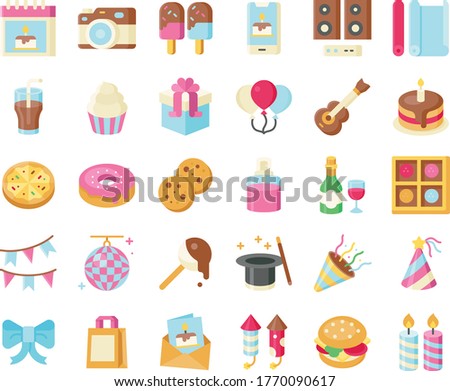 birthday related camera, guitar, fireworks, candies, gift box, magic hat, bow, shopping bag, birthday card, balloons, speakers, pizza, drinks, confetti, donuts,candles and burger in flat style