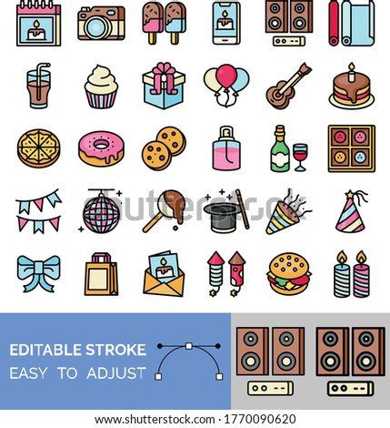 birthday related camera, guitar, fireworks, candies, gift box, magic hat, bow, shopping bag, birthday card, balloons, speakers, pizza, drinks, confetti, donuts,candles and burger with editable stroke