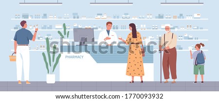 Stylish woman buying remedy consulting with pharmacist at drugstore vector flat illustration. Different people stand in queue at modern pharmacy interior. Male seller and customers at medical store Royalty-Free Stock Photo #1770093932