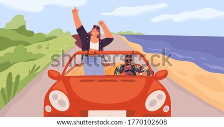 Young trendy happy hipster couple in love having trip along country road by red cabriolet. Laughing dancing stylish girl and driving boy at summertime vacation in flat vector cartoon illustration Royalty-Free Stock Photo #1770102608